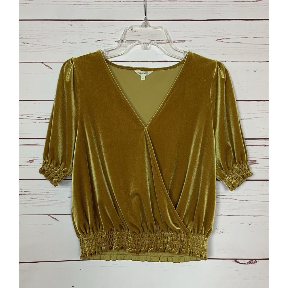 Madewell Women’s S Small Mustard Gold Velvet Velour Short Sleeve Crossover Top